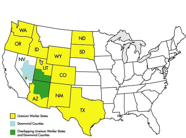 State map indicating which areas of the country may be eligible for uranium miners cancer compensation.