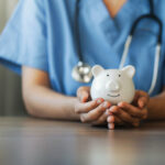 Image of a nurse with a stethoscope holding a piggy bank, representing support for cancer funding.