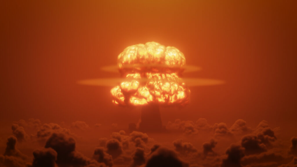 3d render Nuclear explosion above the clouds during an atmospheric nuclear tests